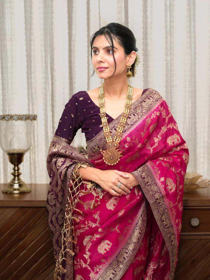 Posh Dark Pink Soft Silk Saree With Exuberant Blouse Piece - Image 6