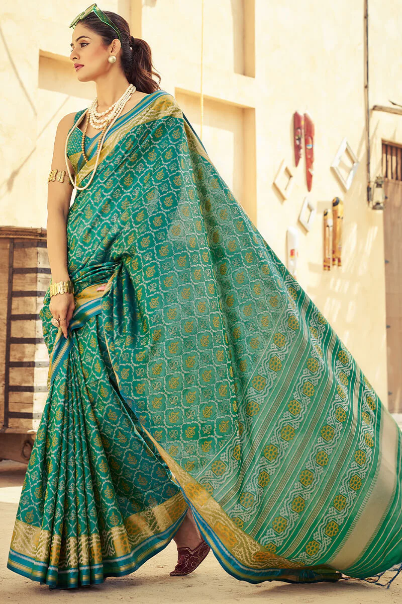 Posh Rama Soft Banarasi Silk Saree With Verdant Blouse Piece - Image 3