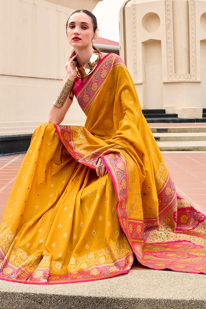 Posh Yellow Soft Banarasi Silk Saree With Scrumptious Blouse Piece - Image 3