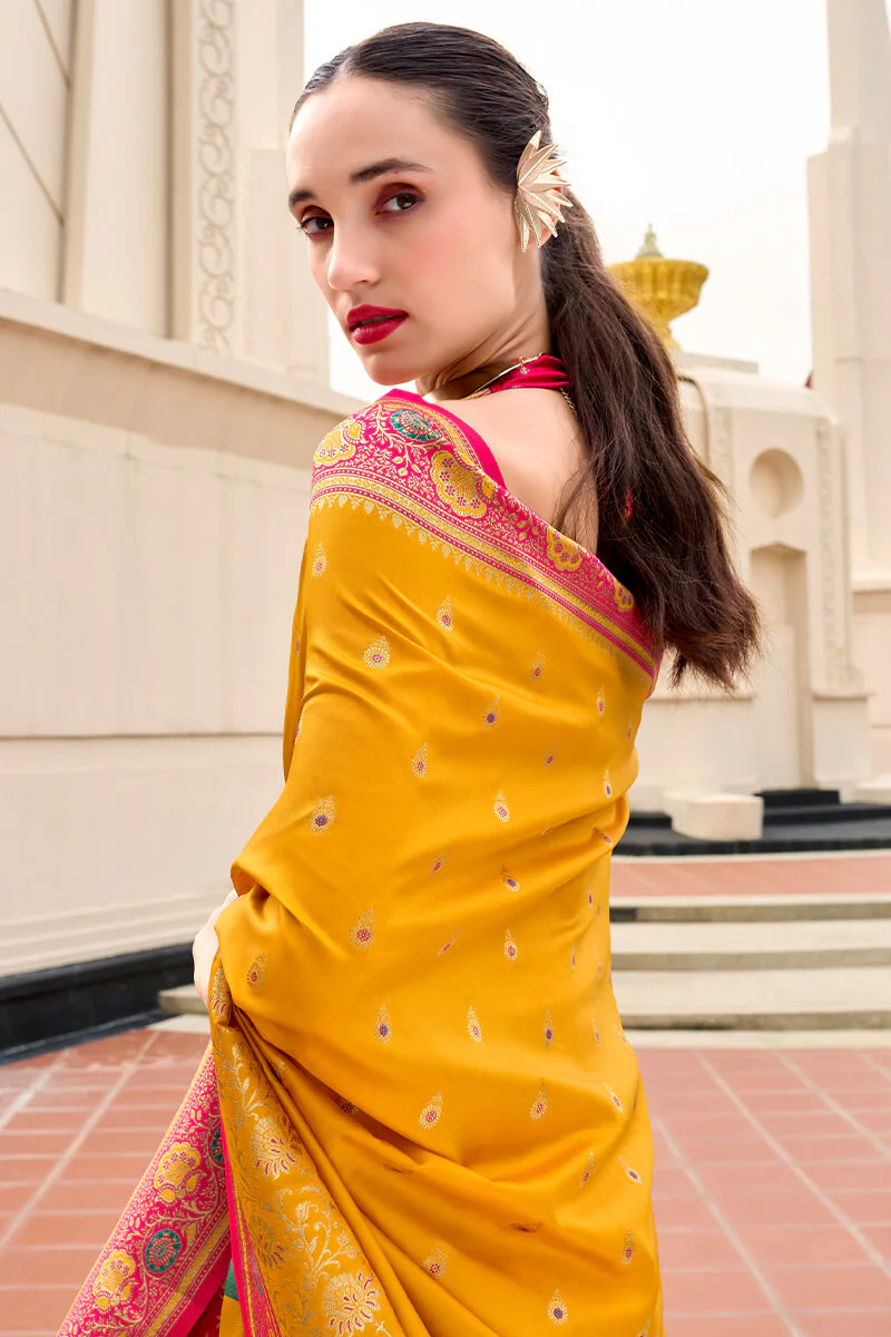 Posh Yellow Soft Banarasi Silk Saree With Scrumptious Blouse Piece - Image 4