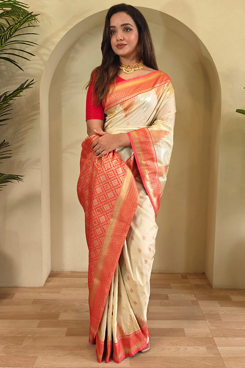 Precious Beige Soft Banarasi Silk Saree With Elegant Blouse Piece - Image 3