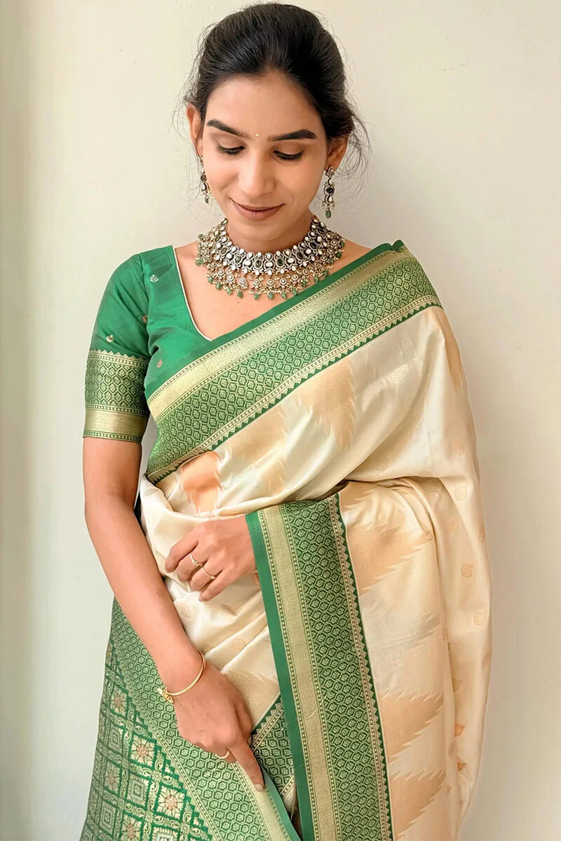 Precious Beige Soft Silk Saree With Stylish Blouse Piece - Image 4