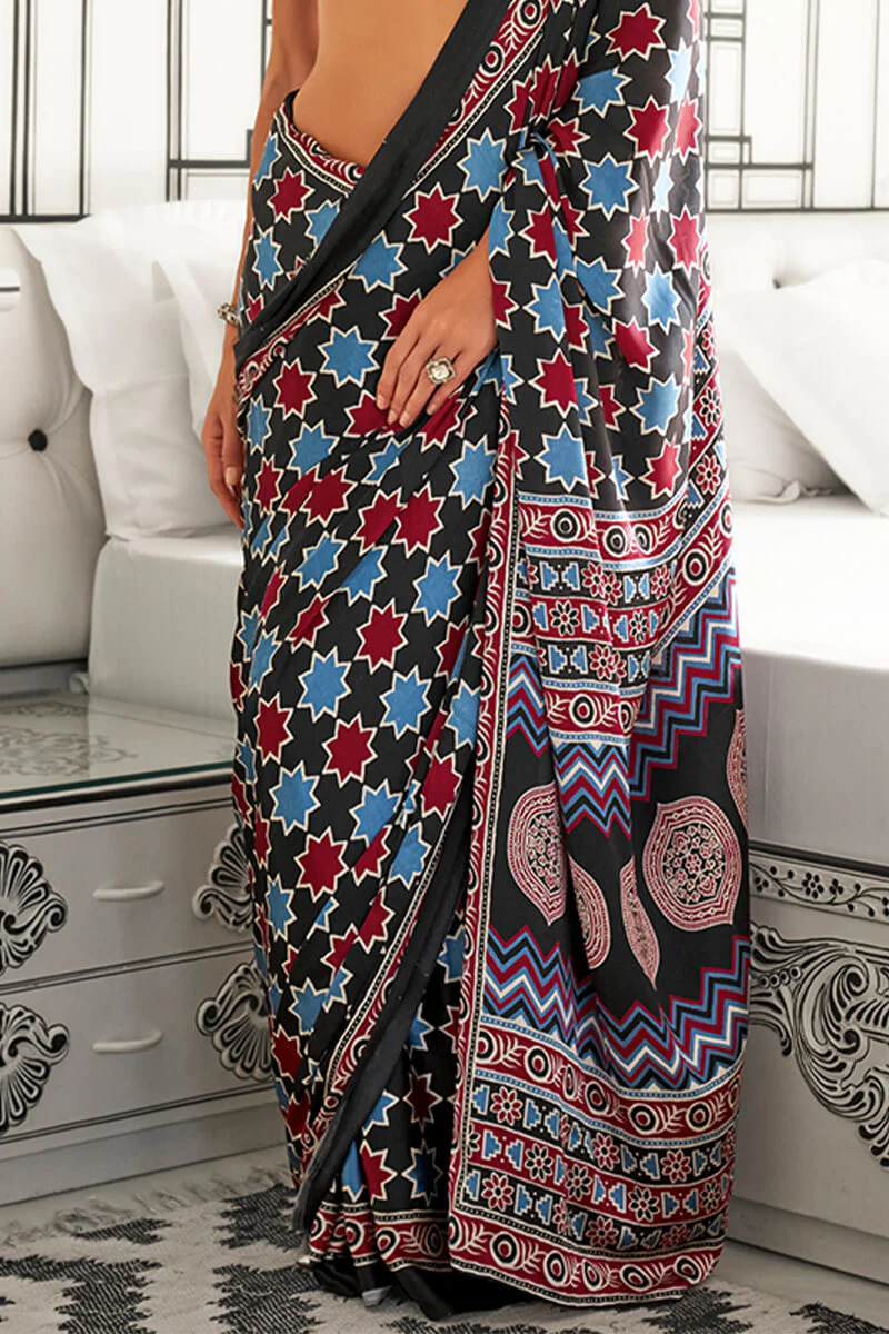 Precious Black Digital Printed Satin Silk Saree With Lovely Blouse Piece - Image 3
