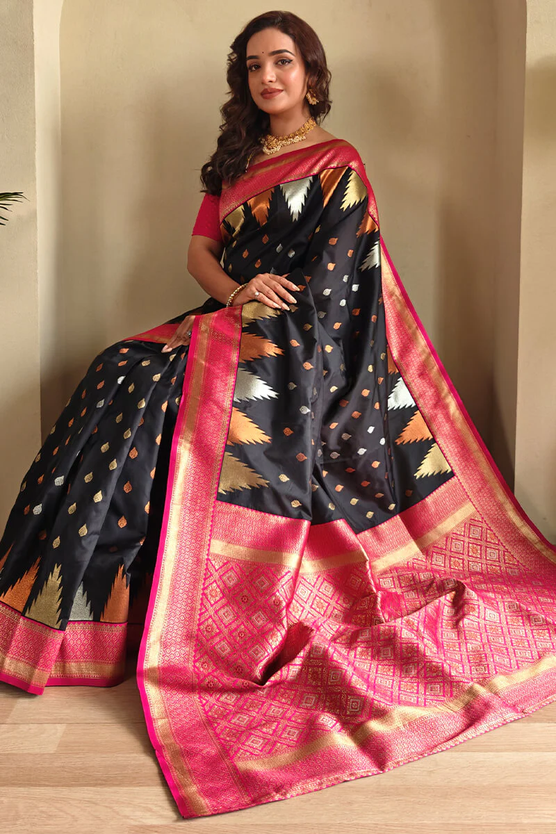 Precious Black Soft Banarasi Silk Saree With Elegant Blouse Piece - Image 2