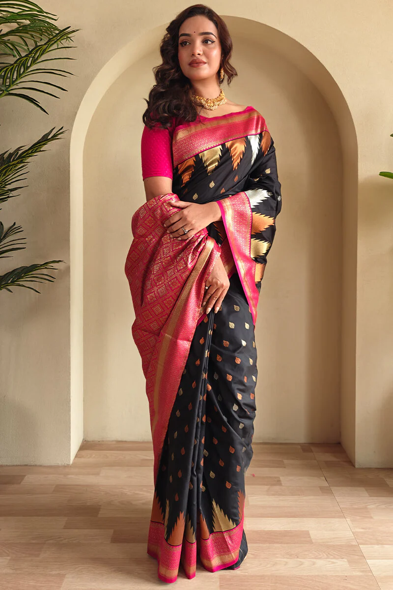 Precious Black Soft Banarasi Silk Saree With Elegant Blouse Piece - Image 3