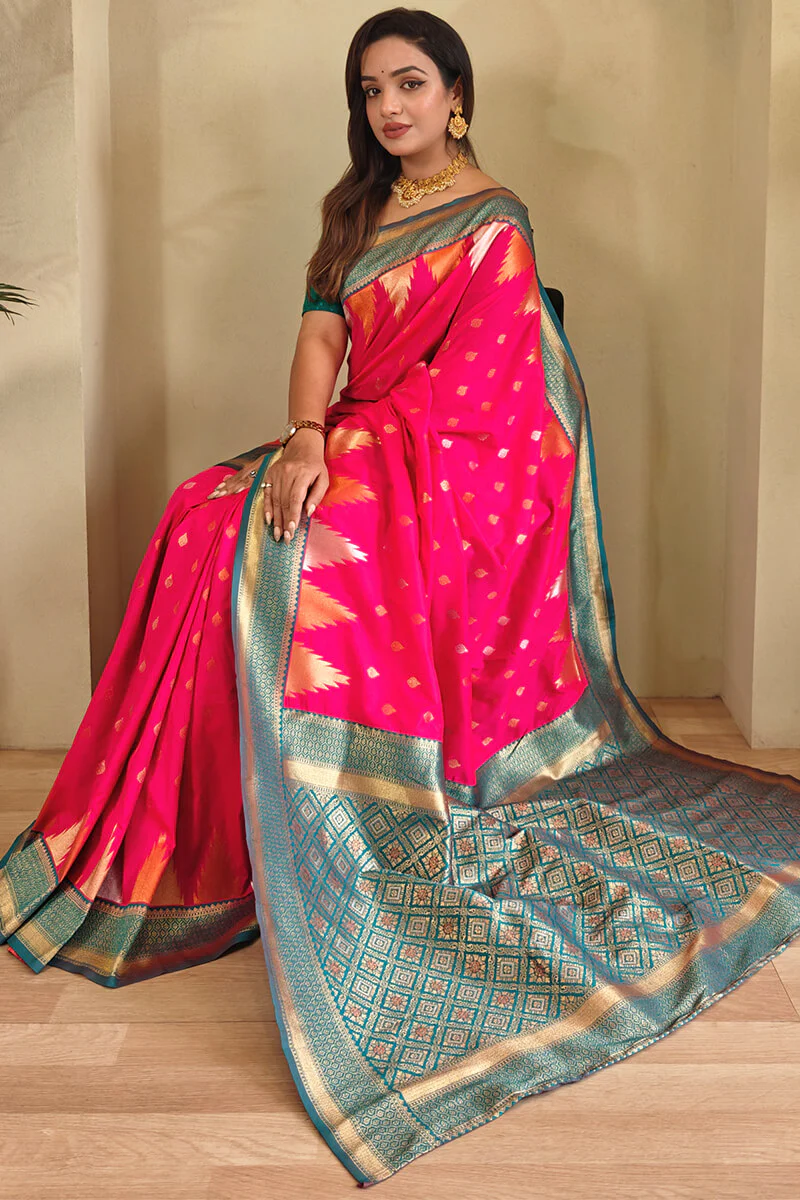Precious Dark Pink Soft Banarasi Silk Saree With Elegant Blouse Piece - Image 2