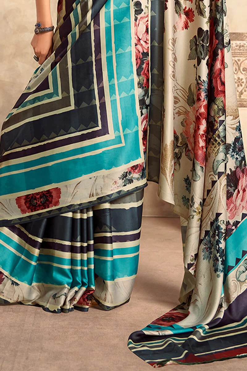 Precious Firozi and Black Digital Printed Satin Silk Saree With Attractive Blouse Piece - Image 3