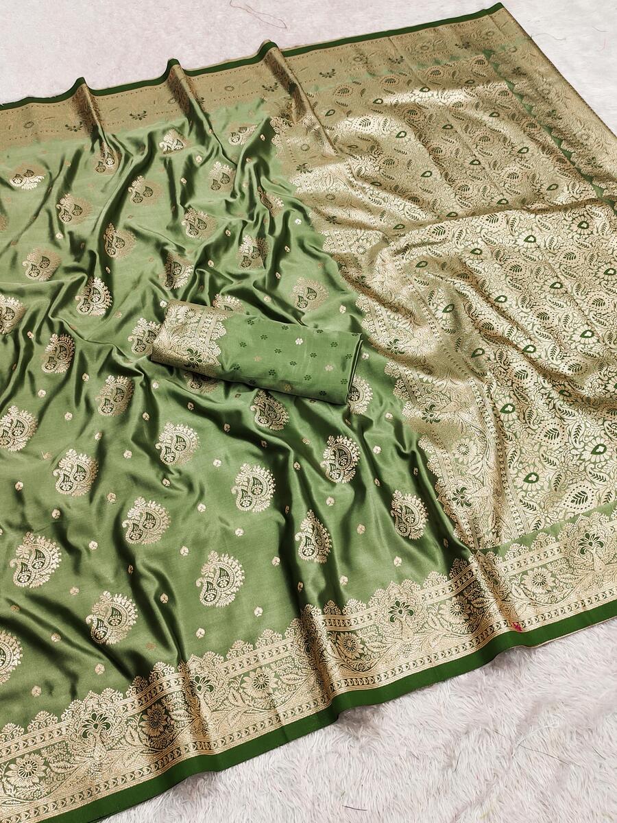Precious Green Banarasi Satin Silk Saree With Blissful Blouse - Image 2