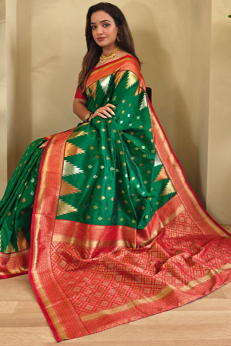 Precious Green Soft Banarasi Silk Saree With Elegant Blouse Piece - Image 2