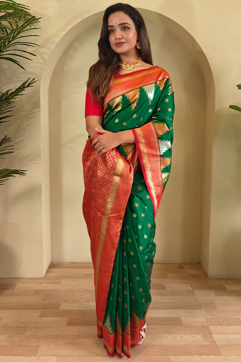 Precious Green Soft Banarasi Silk Saree With Elegant Blouse Piece - Image 3