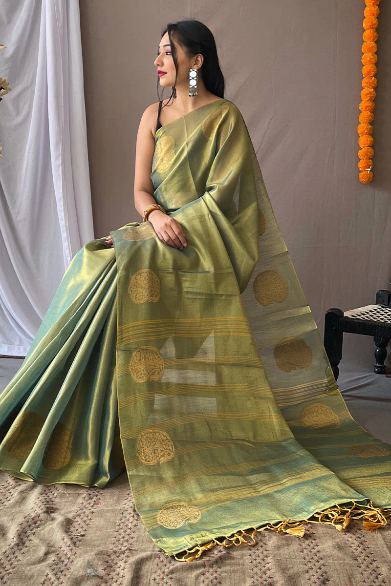 Precious Green Soft Banarasi Tissue Silk Saree With Stylish Blouse Piece - Image 3
