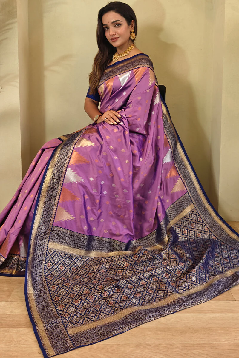 Precious Lavender Soft Banarasi Silk Saree With Elegant Blouse Piece - Image 2