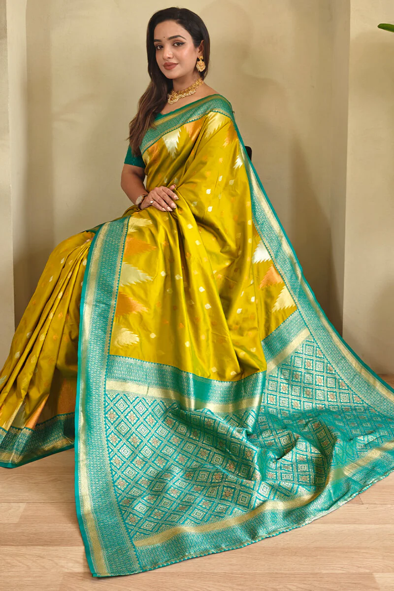 Precious Mehndi Soft Banarasi Silk Saree With Elegant Blouse Piece - Image 2