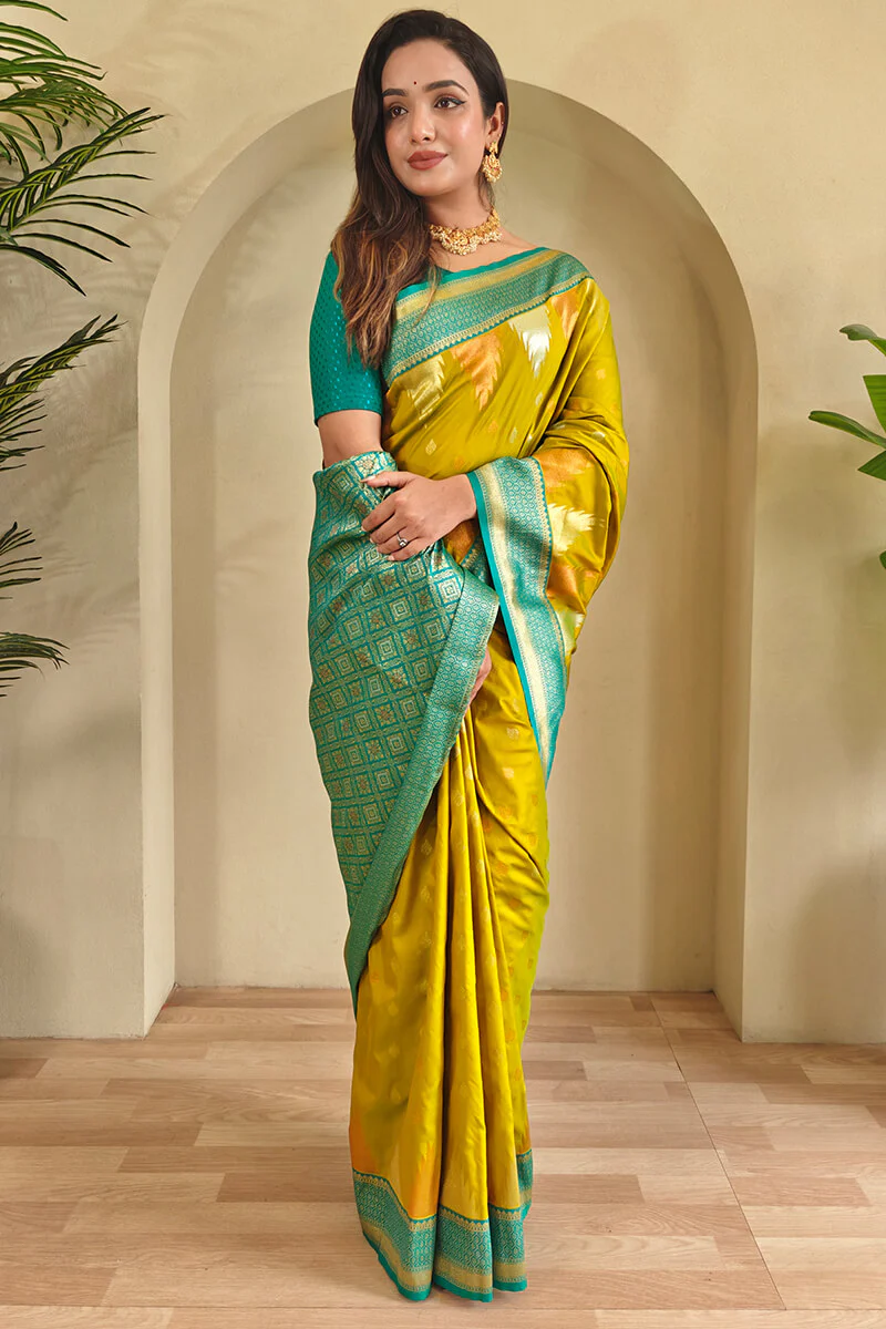 Precious Mehndi Soft Banarasi Silk Saree With Elegant Blouse Piece - Image 3