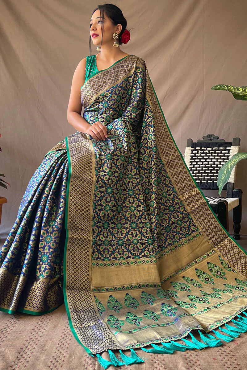 Precious Navy Blue Patola Silk Saree with Nectarous Blouse Piece - Image 3
