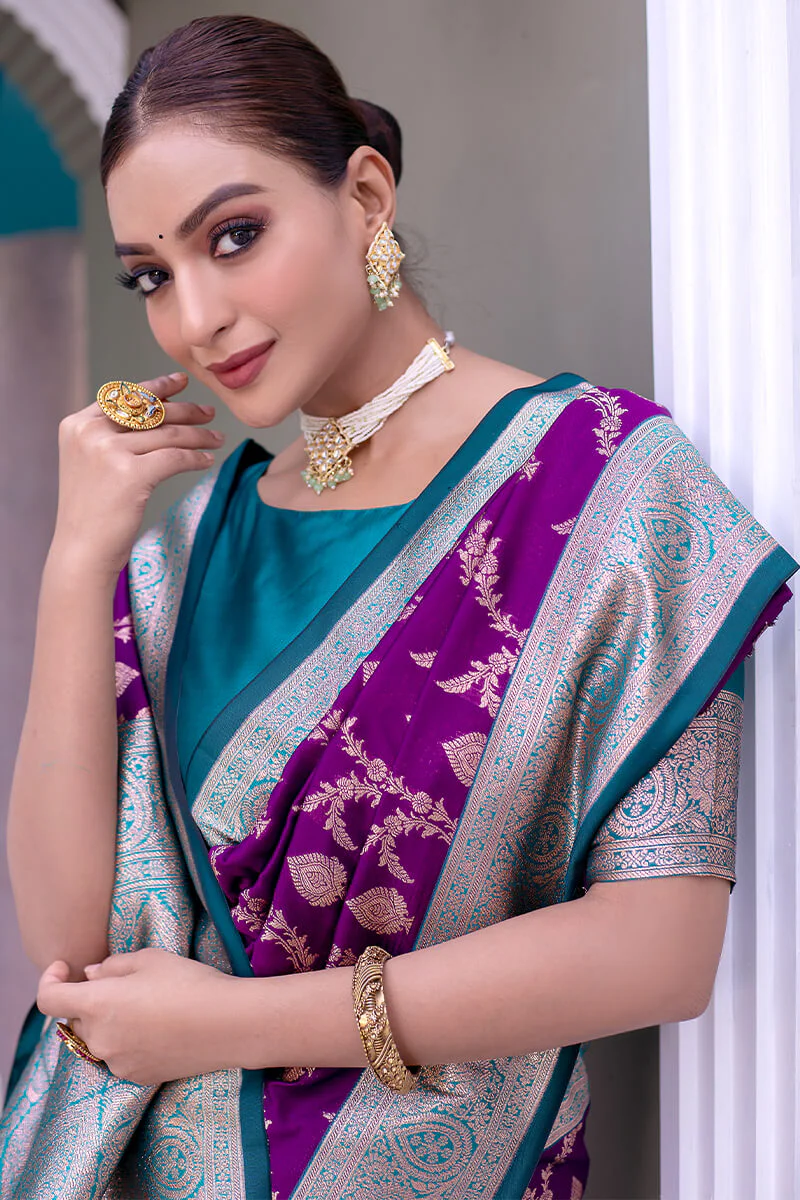Precious Purple Soft Banarasi Silk Saree With Elegant Blouse Piece - Image 2