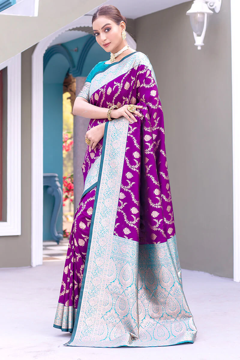Precious Purple Soft Banarasi Silk Saree With Elegant Blouse Piece - Image 3