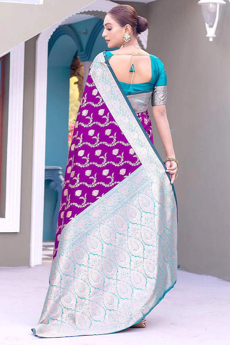 Precious Purple Soft Banarasi Silk Saree With Elegant Blouse Piece - Image 4