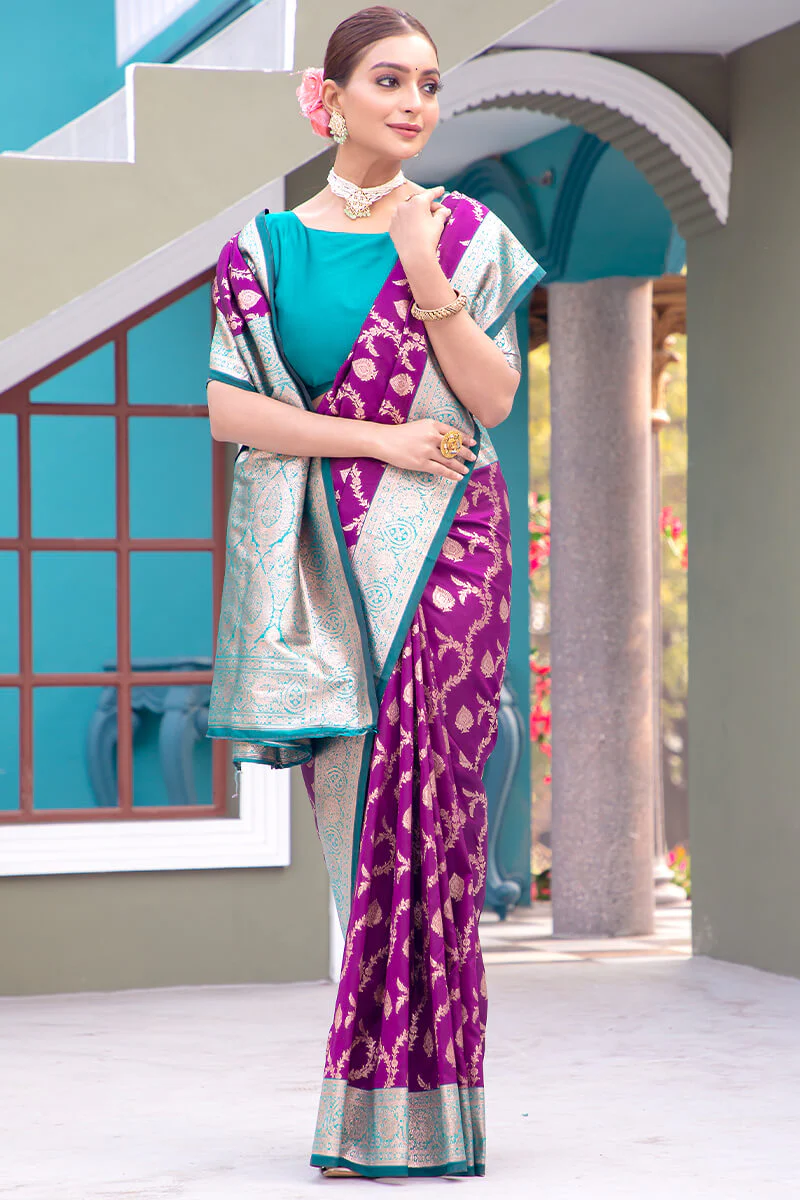 Precious Purple Soft Banarasi Silk Saree With Elegant Blouse Piece - Image 5