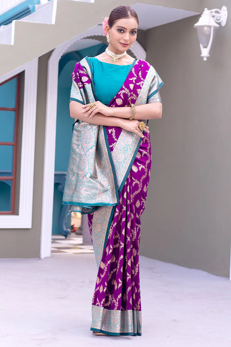 Precious Purple Soft Banarasi Silk Saree With Elegant Blouse Piece - Image 6