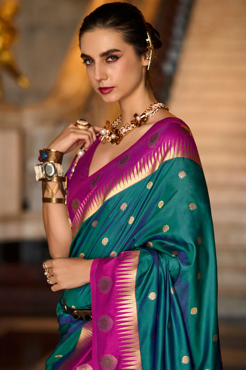 Precious Rama Soft Banarasi Silk Saree With Ailurophile Blouse Piece - Image 2