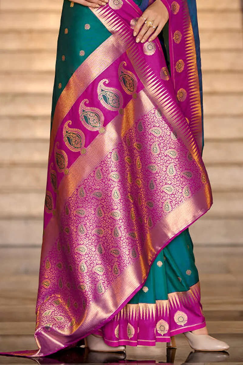 Precious Rama Soft Banarasi Silk Saree With Ailurophile Blouse Piece - Image 4
