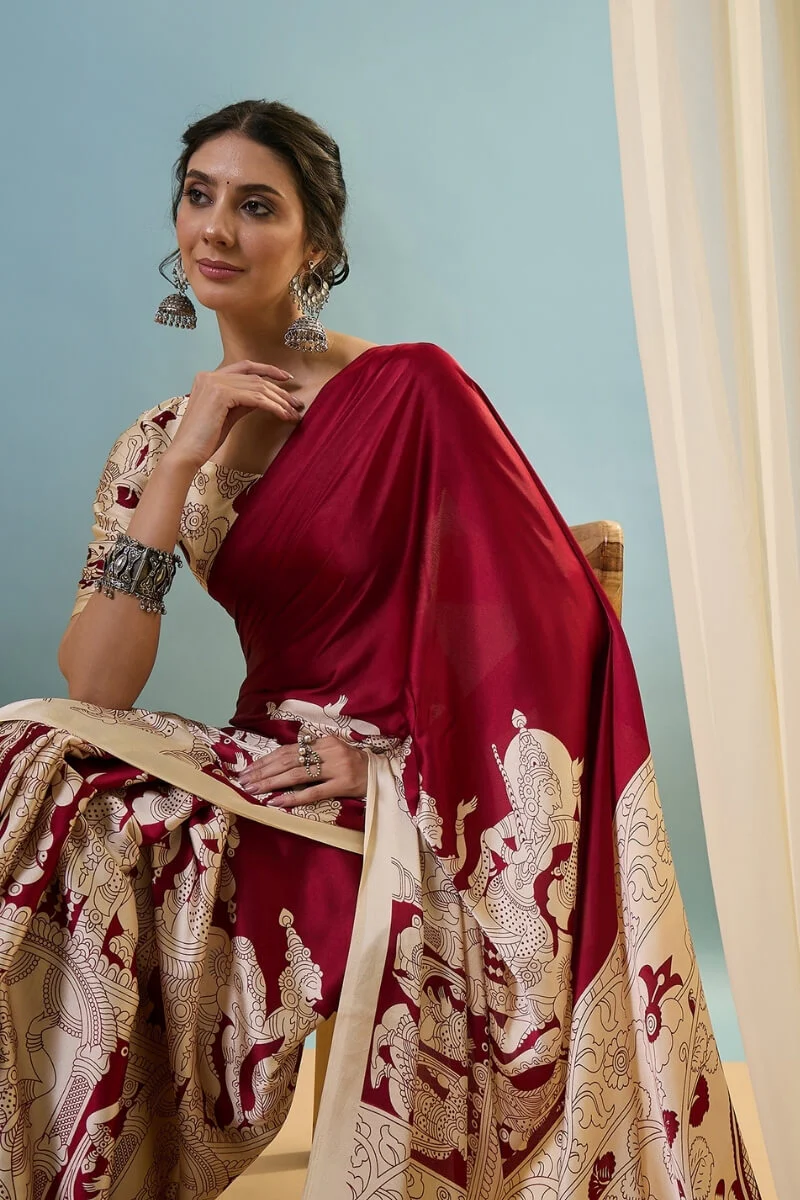 Precious Red Ajrakh Printed Semi Modal Silk Saree With Divine Blouse Piece - Image 2