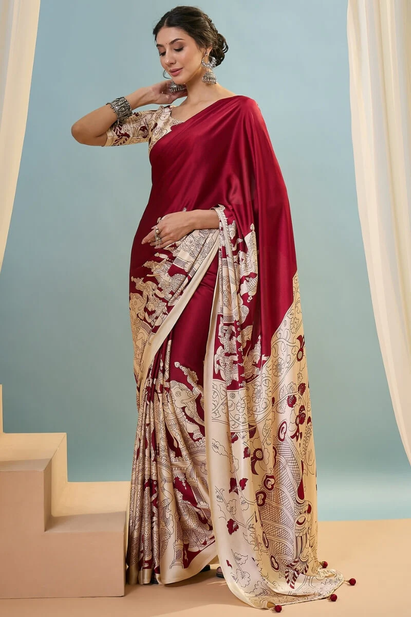 Precious Red Ajrakh Printed Semi Modal Silk Saree With Divine Blouse Piece - Image 3