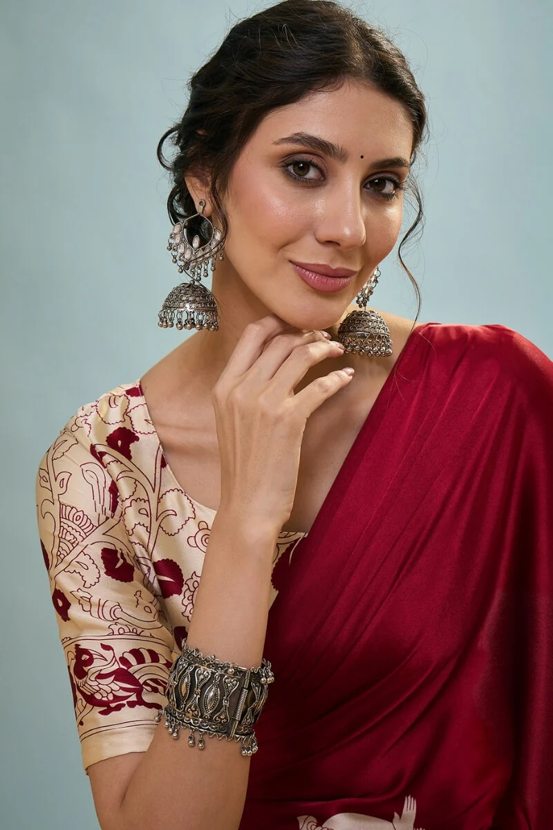 Precious Red Ajrakh Printed Semi Modal Silk Saree With Divine Blouse Piece - Image 4