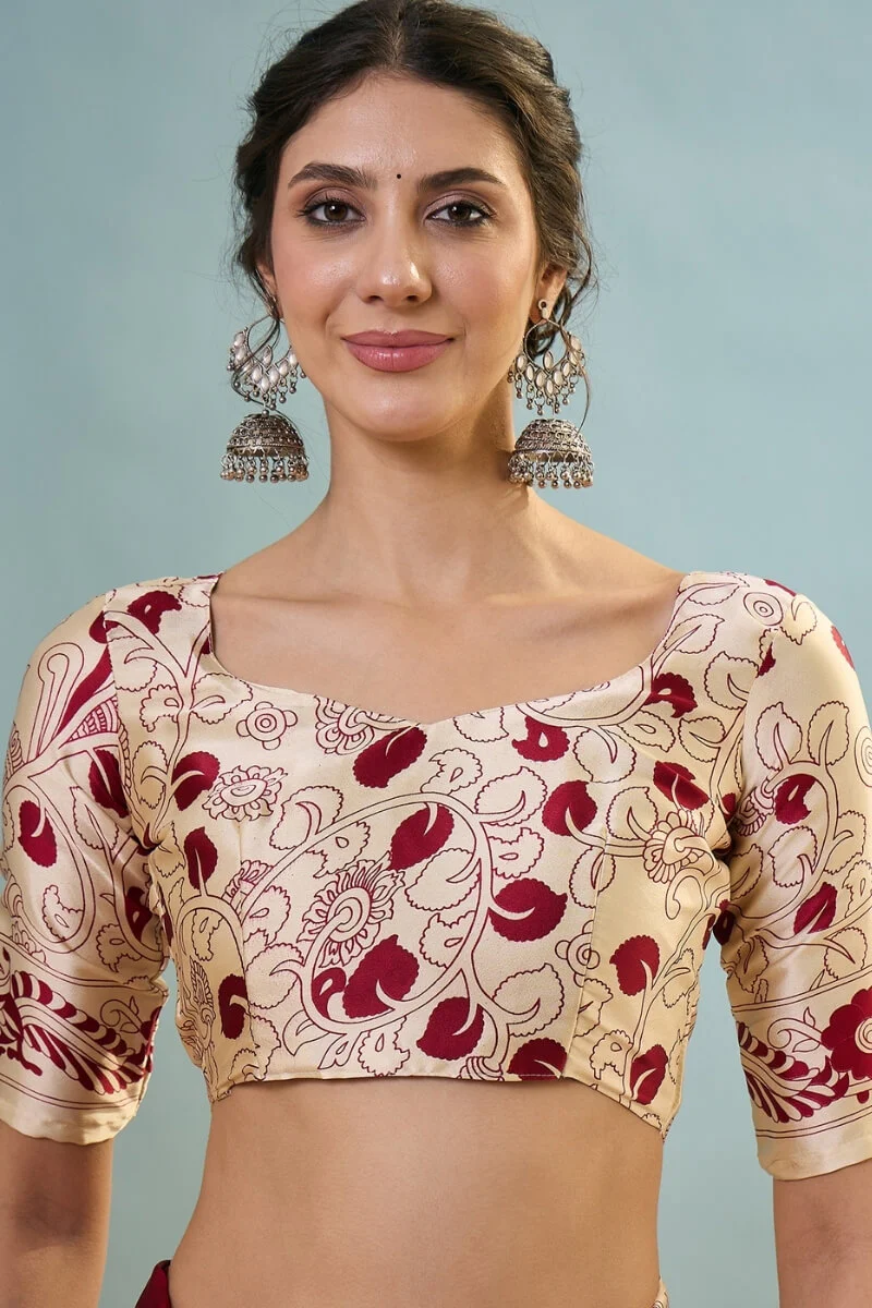 Precious Red Ajrakh Printed Semi Modal Silk Saree With Divine Blouse Piece - Image 6