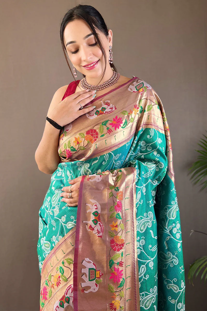 Precious Turquoise Paithani Silk Saree With Pretty Blouse Piece - Image 2