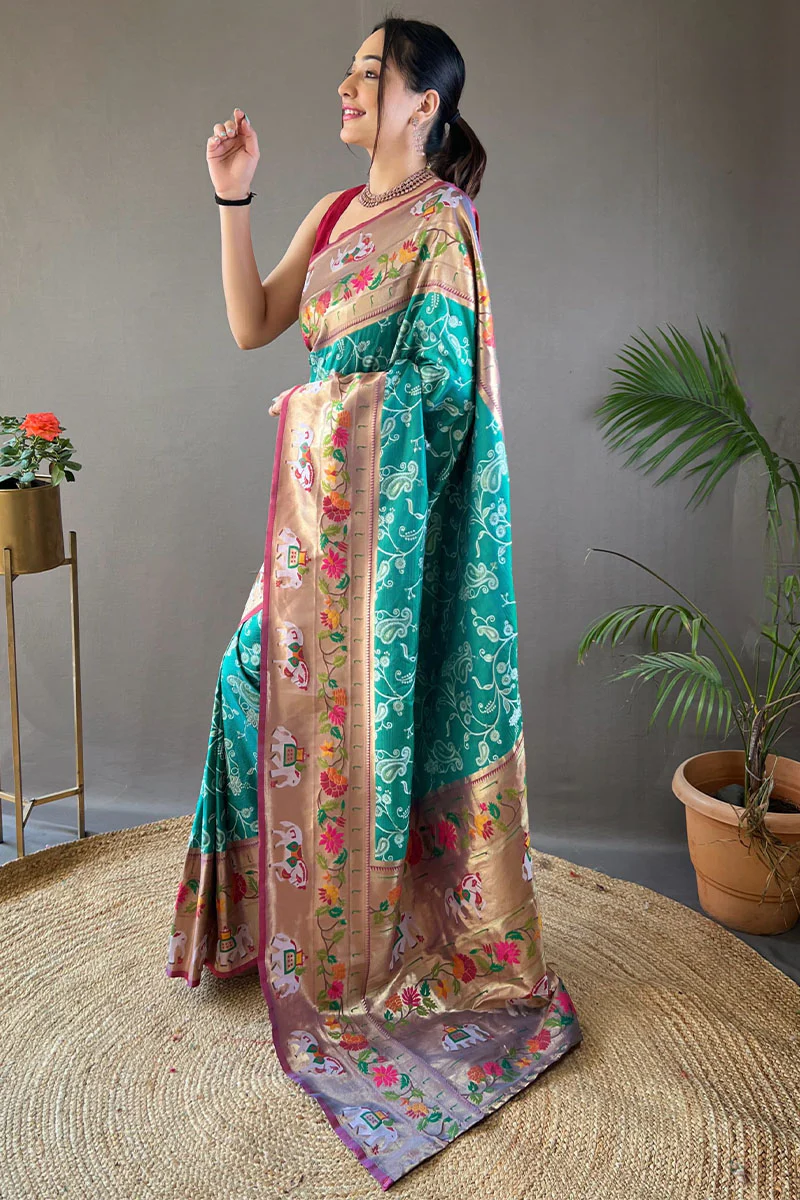 Precious Turquoise Paithani Silk Saree With Pretty Blouse Piece - Image 3