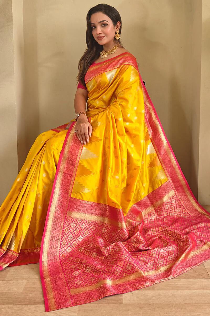 Precious Yellow Soft Banarasi Silk Saree With Elegant Blouse Piece - Image 2