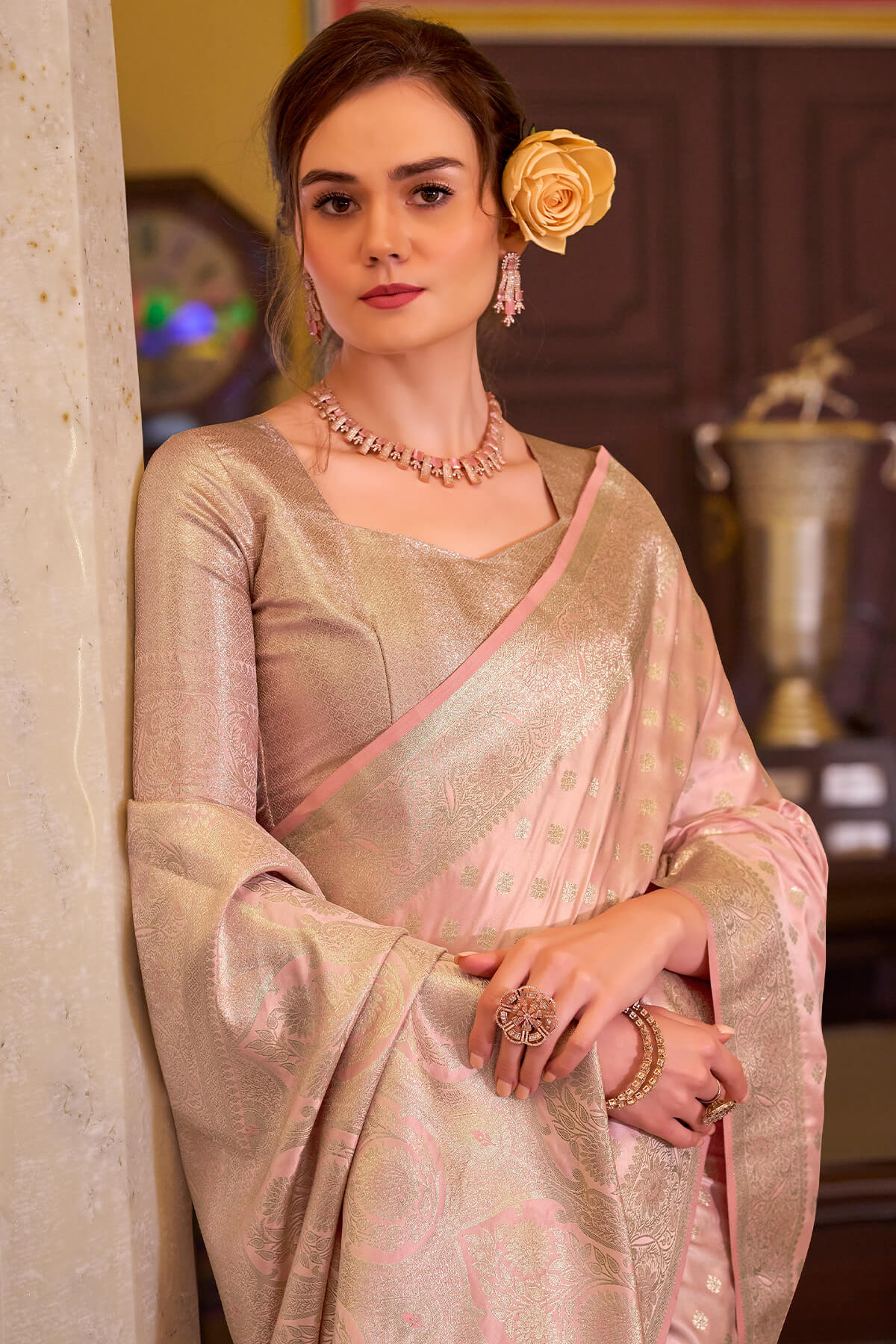 Preferable Baby Pink Banarasi Satin Silk Saree With Ideal Blouse - Image 2