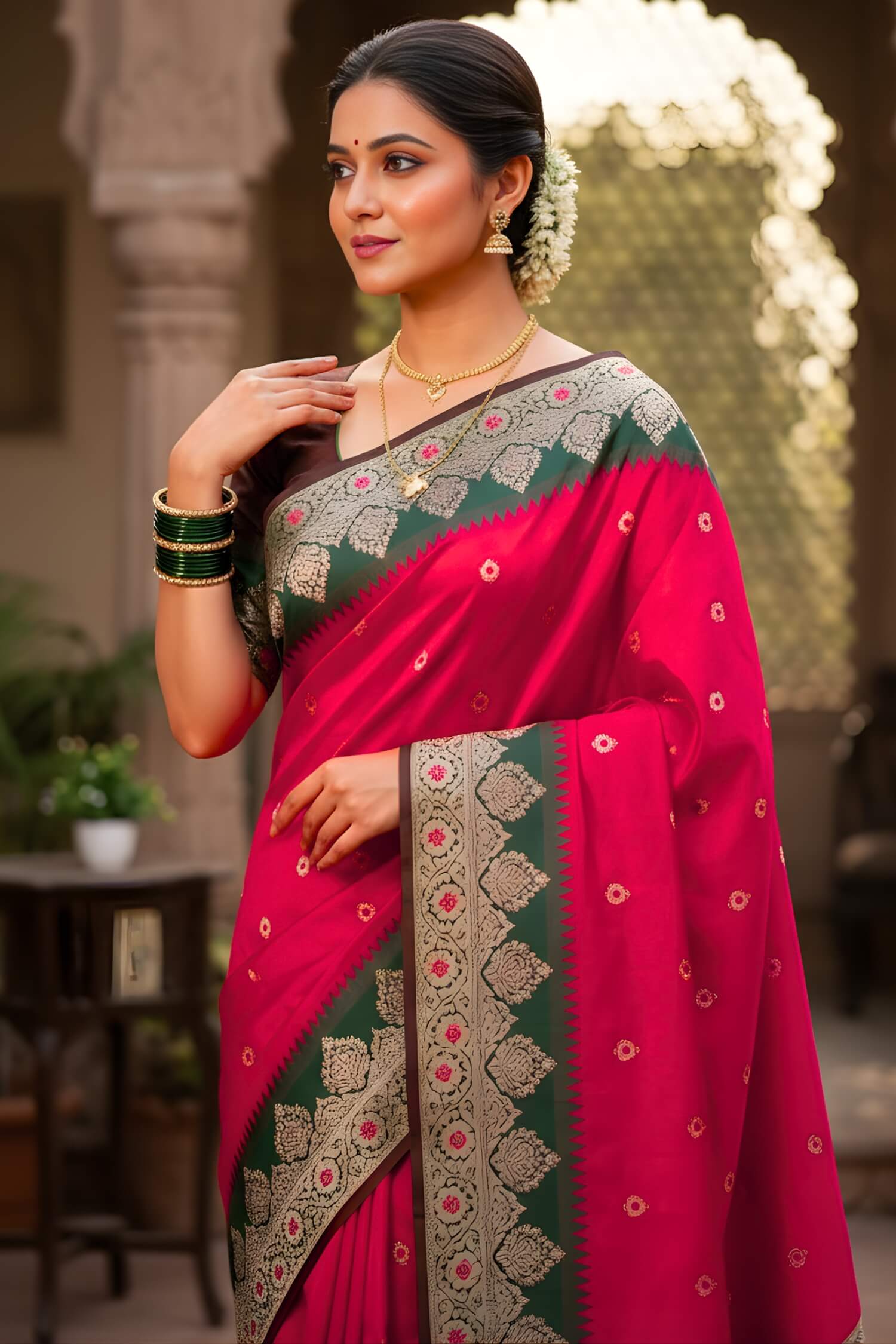 Preferable Dark Pink Pure Zari Weaving Banarasi Silk Saree With Sempiternal Blouse Piece - Image 2
