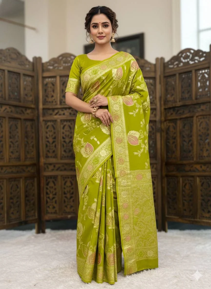 Preferable Green Banarasi Dola Silk Saree With Traditional Blouse Piece