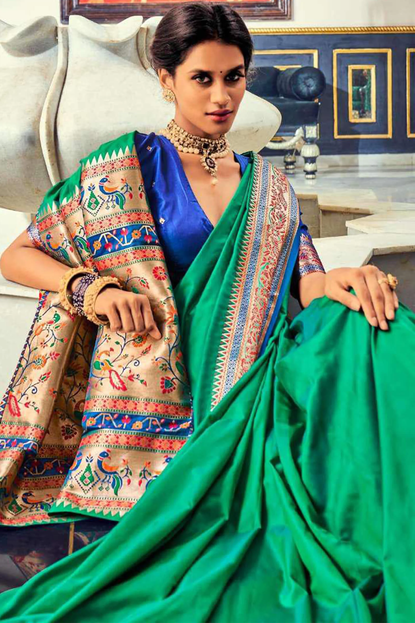 Preferable Green Paithani Silk Saree With Verdant Blouse Piece - Image 2
