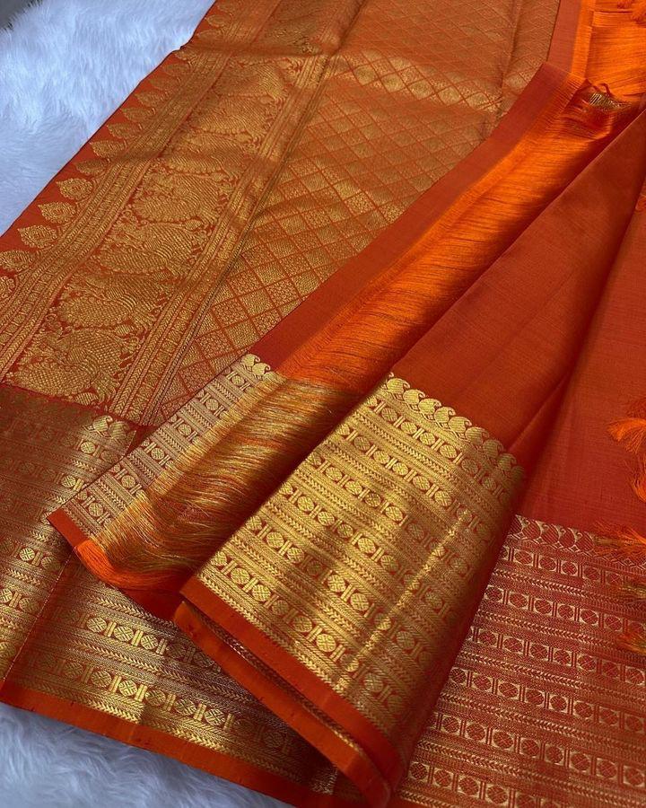 Preferable Orange Soft Silk Saree With Stunner Blouse Piece - Image 4
