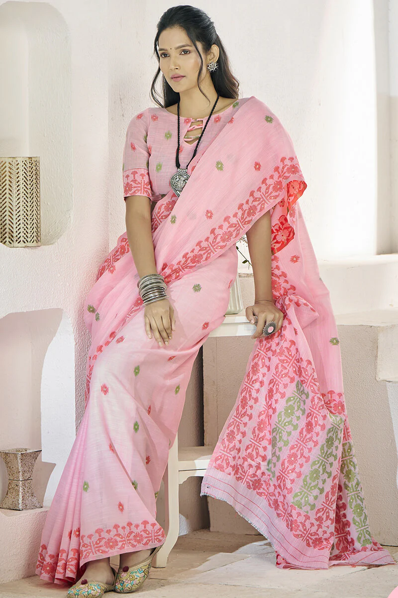Preferable Pink Cotton Silk Saree With Exquisite Blouse Piece - Image 3