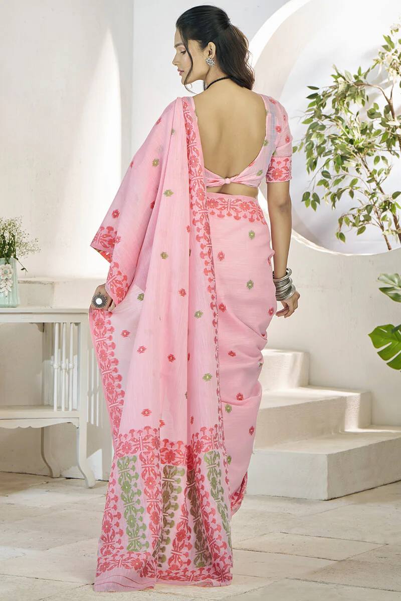 Preferable Pink Cotton Silk Saree With Exquisite Blouse Piece - Image 4