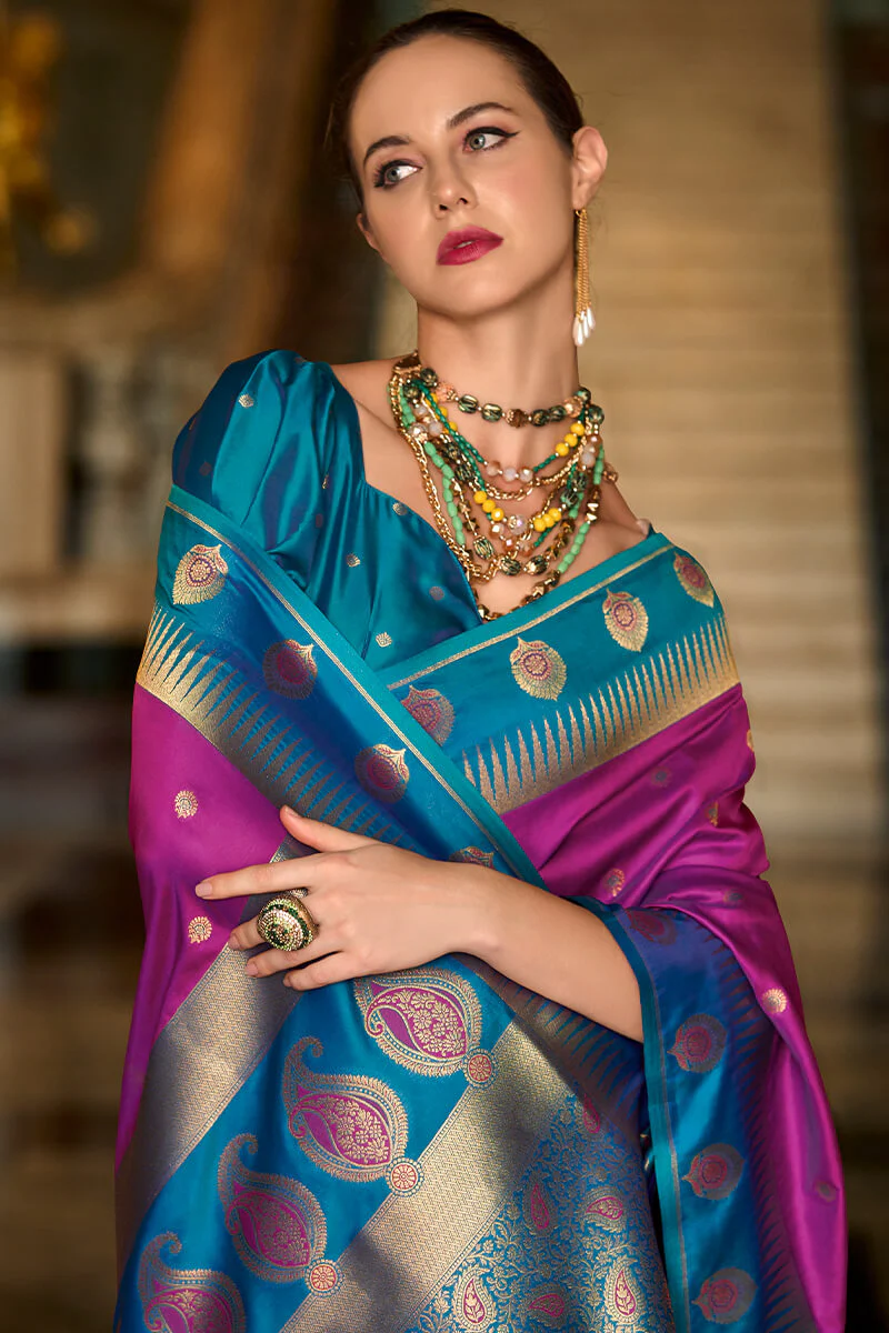 Preferable Purple Soft Banarasi Silk Saree With Jubilant Blouse Piece - Image 2