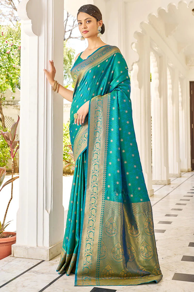 Preferable Rama Kanjivaram Silk Saree With Majesty Blouse Piece - Image 5