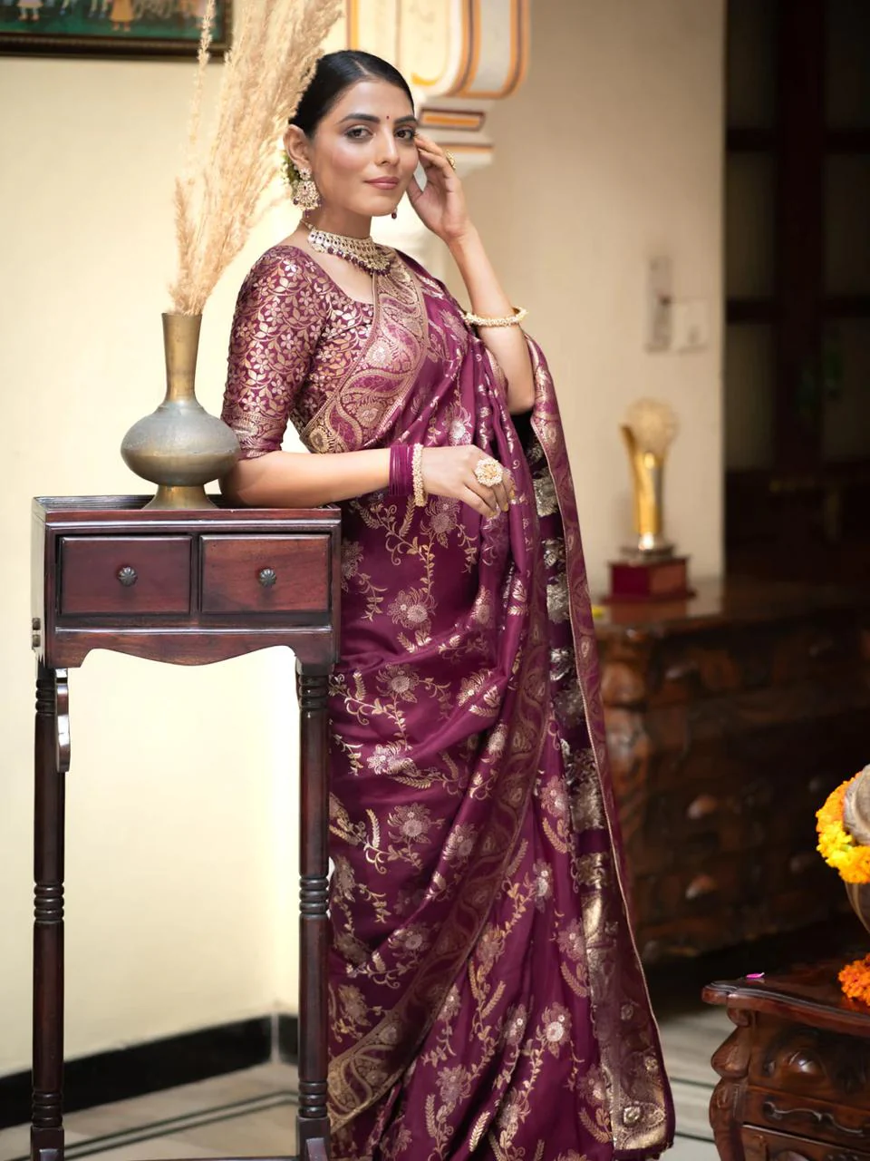 Preferable Wine Soft Silk Saree With Ethnic Blouse Piece - Image 4