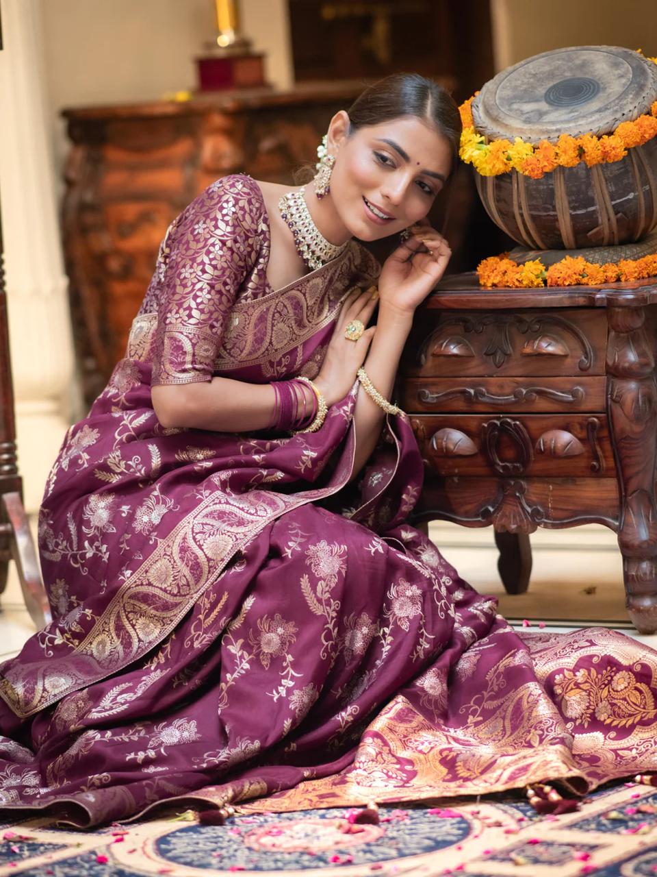 Preferable Wine Soft Silk Saree With Ethnic Blouse Piece - Image 5