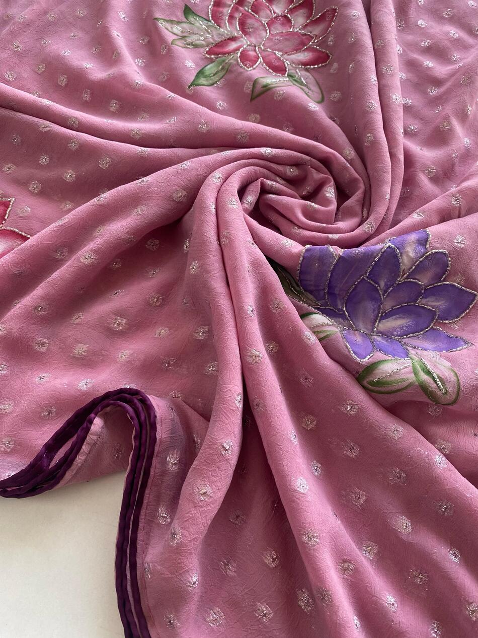 Prettiest Baby Pink Handwork Crush Chiffon Silk Saree With Twirling Blouse Piece - Image 2