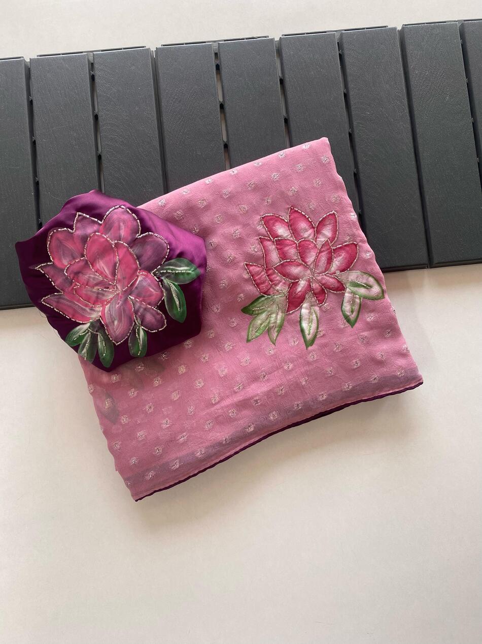 Prettiest Baby Pink Handwork Crush Chiffon Silk Saree With Twirling Blouse Piece - Image 3