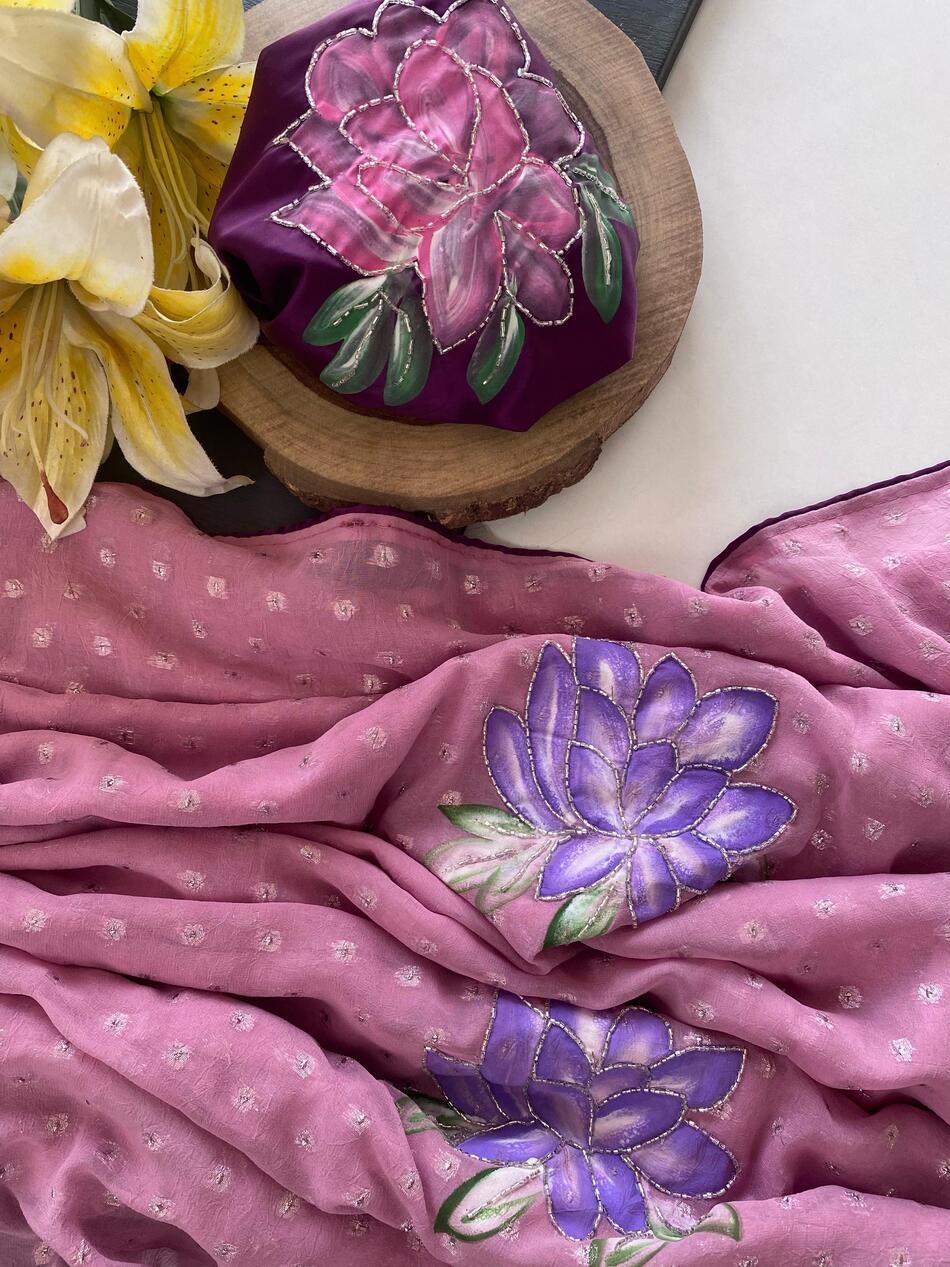 Prettiest Baby Pink Handwork Crush Chiffon Silk Saree With Twirling Blouse Piece - Image 4