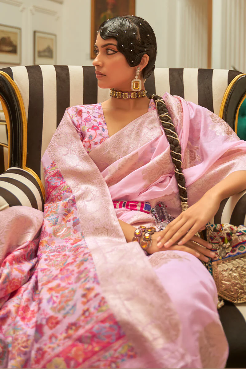 Prettiest Baby Pink Pashmina saree With Stunner Blouse Piece - Image 2