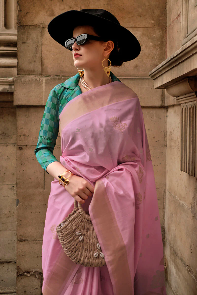 Prettiest Baby Pink Soft Banarasi Silk Saree With Opulent Blouse Piece - Image 2