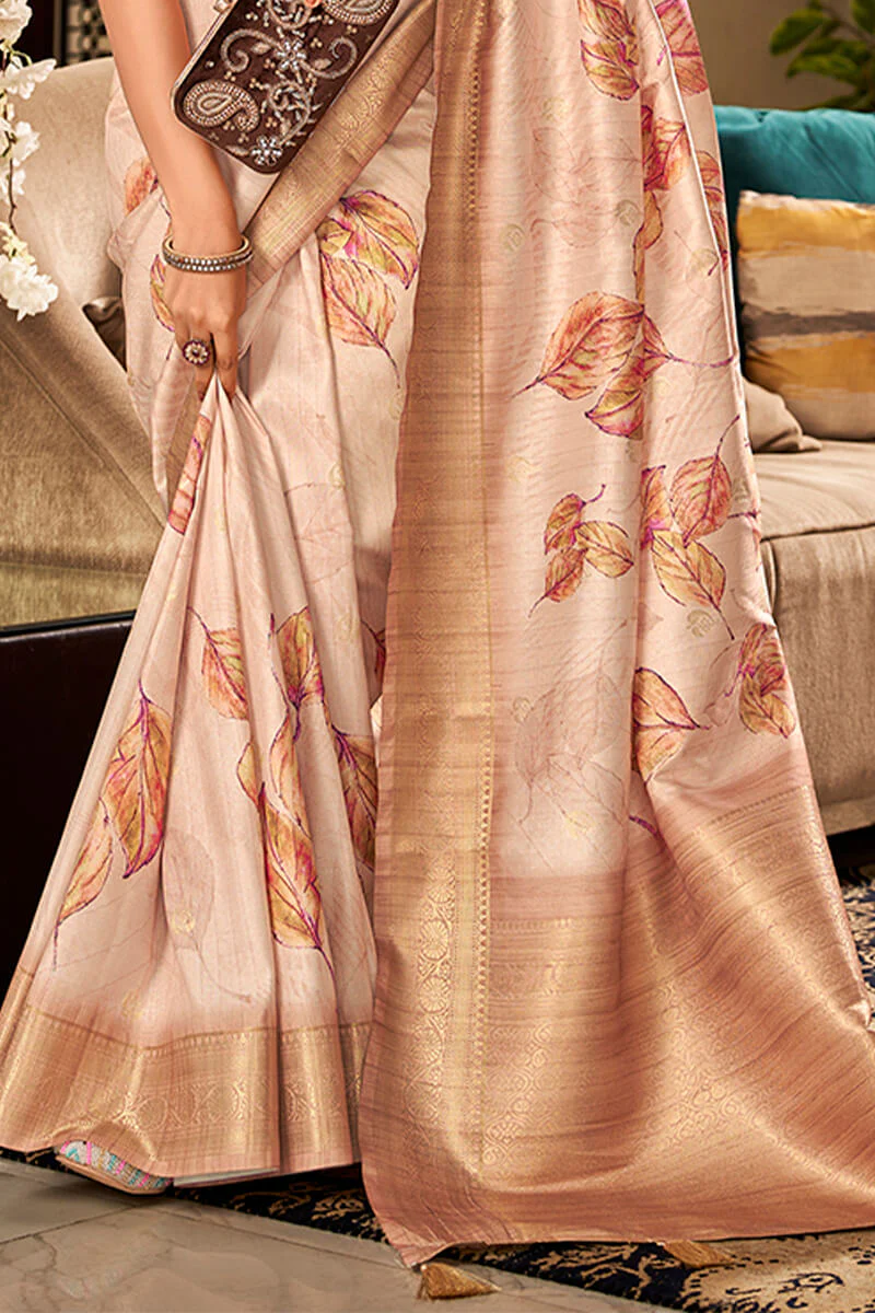 Prettiest Beige Digital Printed Soft Silk Saree With Traditional Blouse Piece - Image 3